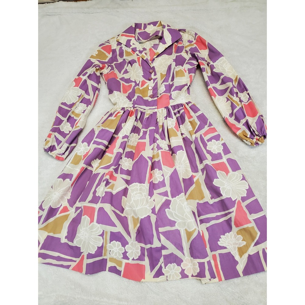 Vintage sears Pink Purple Cream Geometric Midi Dress XS Retro 70s Artsy Bold